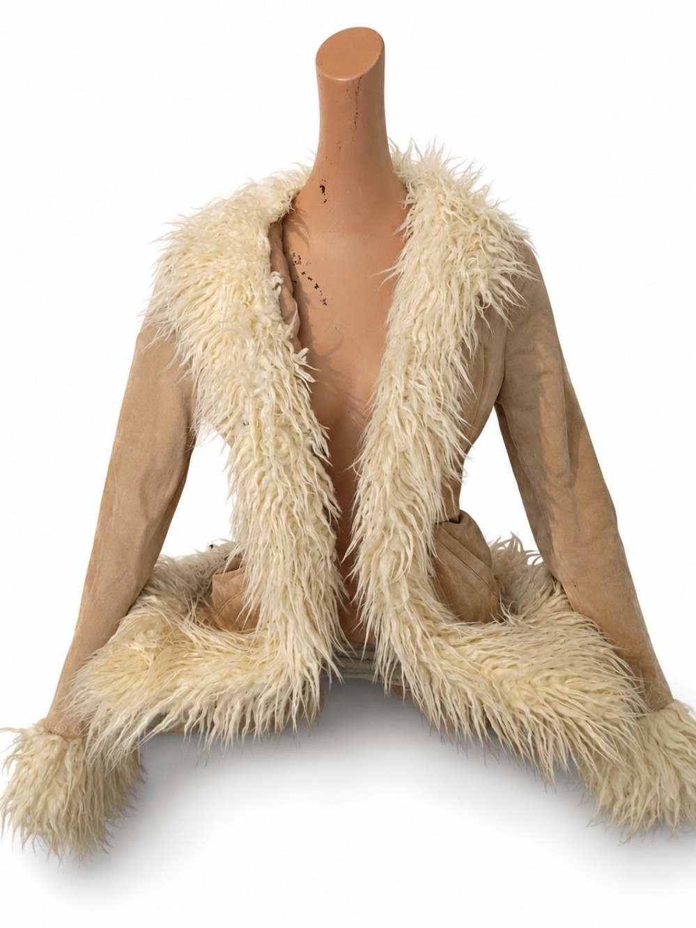 Y2k Tan Suede Jacket - Cream Vegan Fur Trim